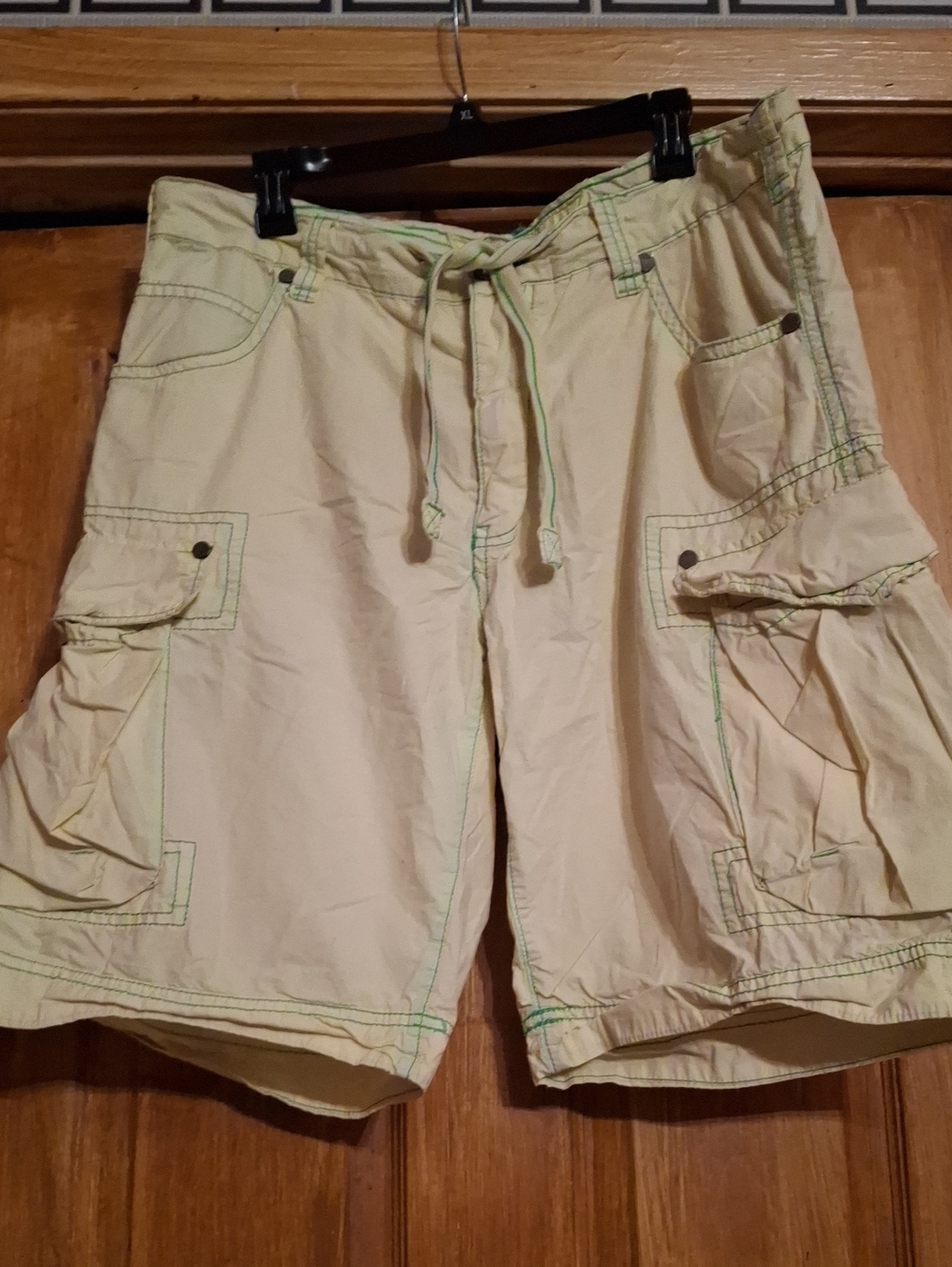 Men's Beige Cargo Shorts with Green Contrast Stitching